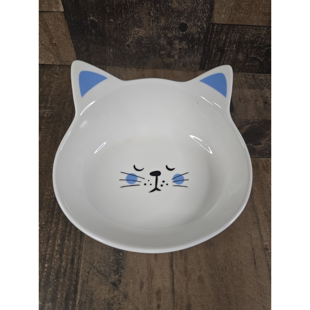 White Ceramic Cat Shaped Pet Bowl Blue Ears Sleeping Face Whisker Friendly Dish